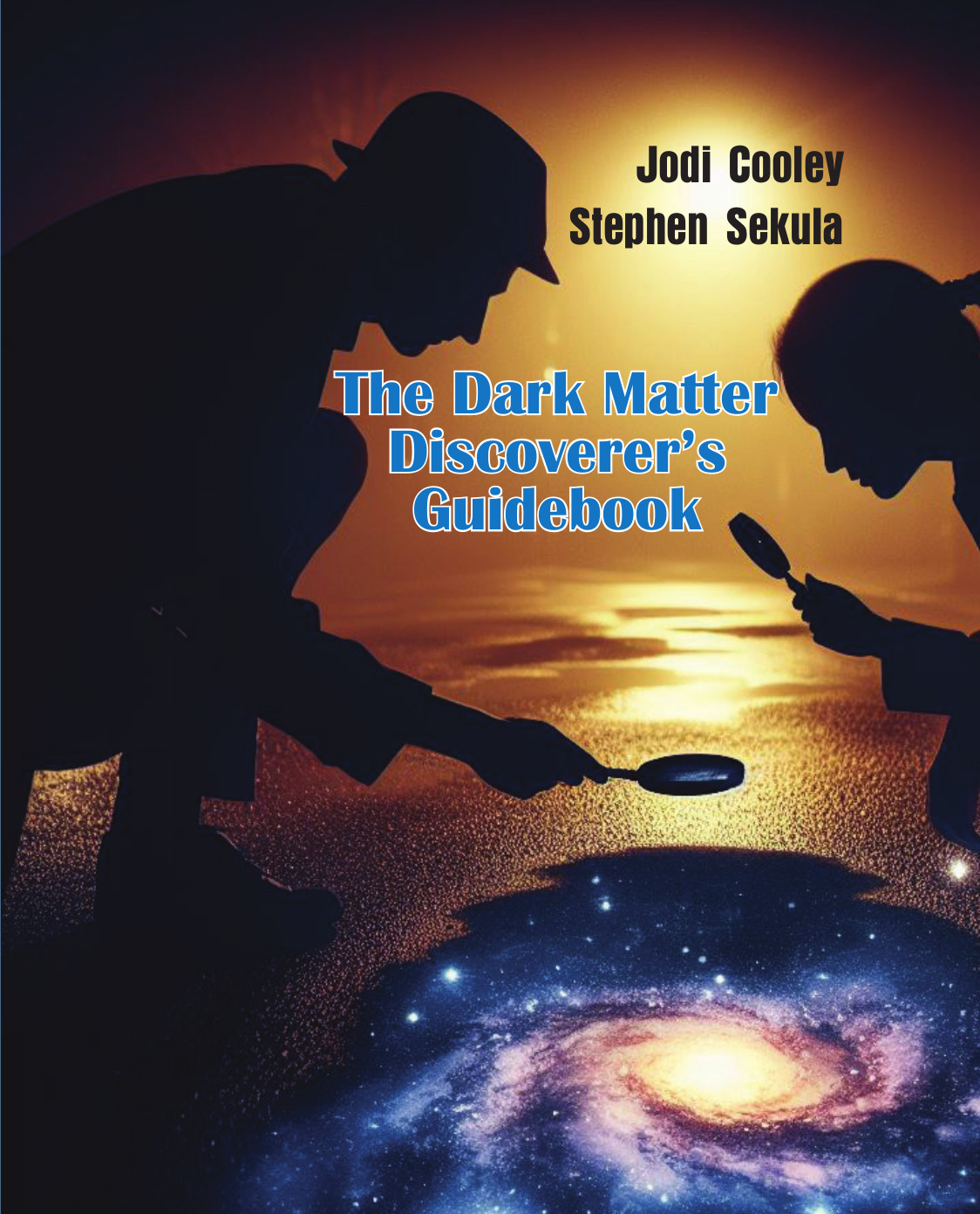 Silhouetted young male and female detective examining a puddle reflecting a galaxy with dark matter using a magnifying glass under the light of a street lamp, photorealistic.